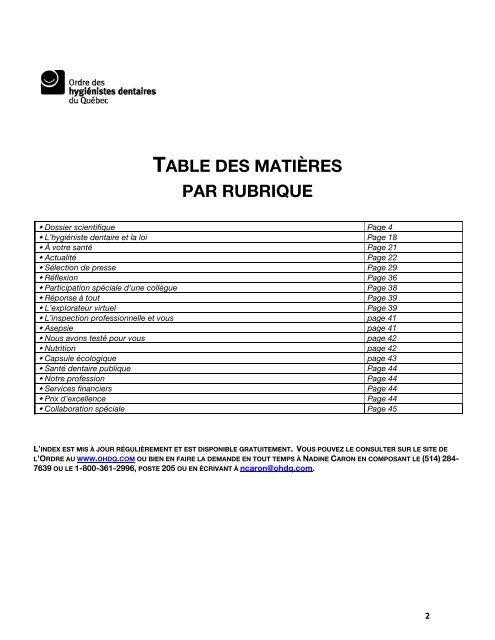 Index de L'Explorateur - Ordre des hygiénistes dentaires du Québec