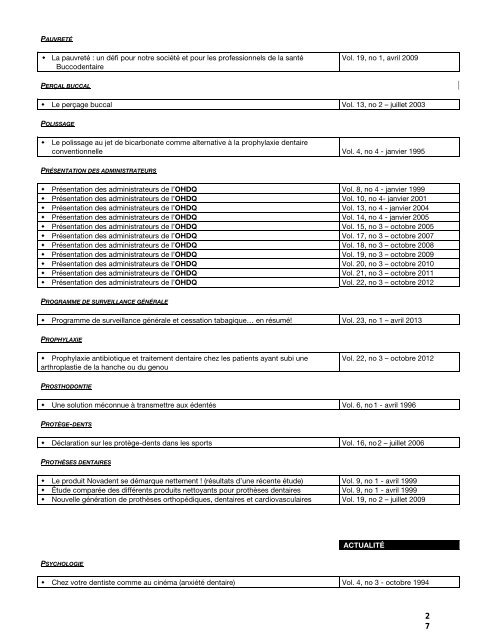 Index de L'Explorateur - Ordre des hygiénistes dentaires du Québec