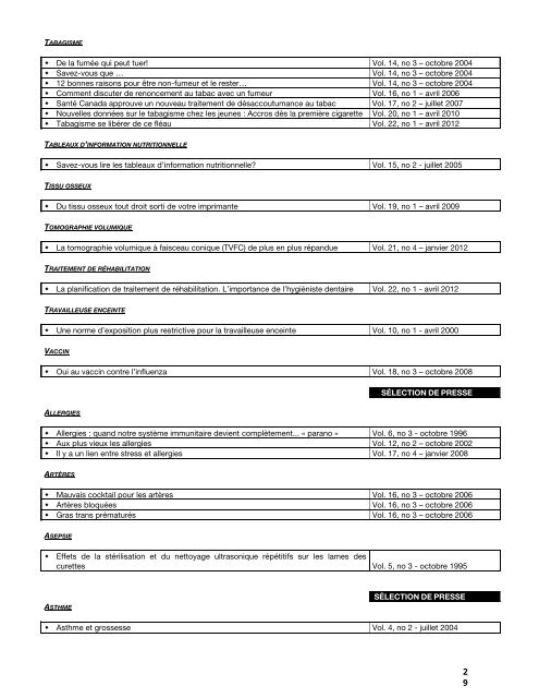 Index de L'Explorateur - Ordre des hygiénistes dentaires du Québec