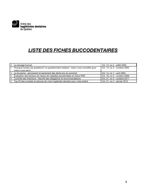 Index de L'Explorateur - Ordre des hygiénistes dentaires du Québec