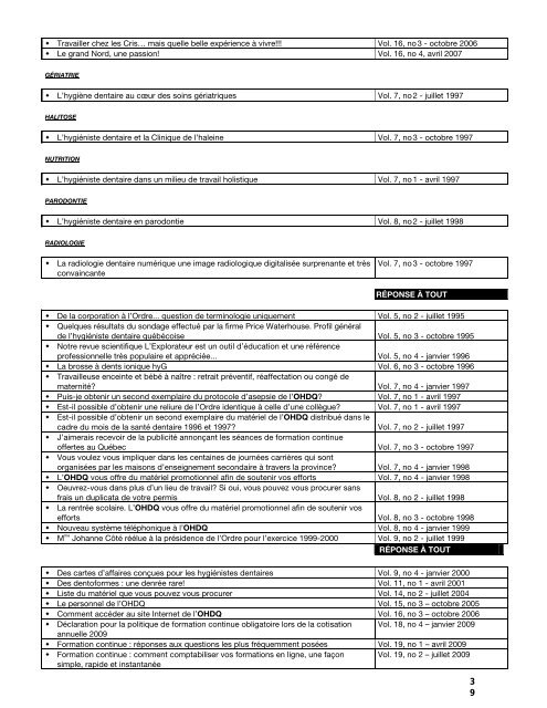 Index de L'Explorateur - Ordre des hygiénistes dentaires du Québec