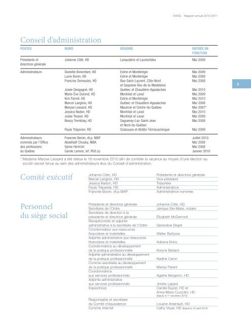 Rapport annuel 2010-2011 - Ordre des hygiénistes dentaires du ...