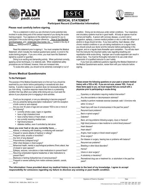 PADI Snorkeling Medical Statement Form - Ohio State 4-H