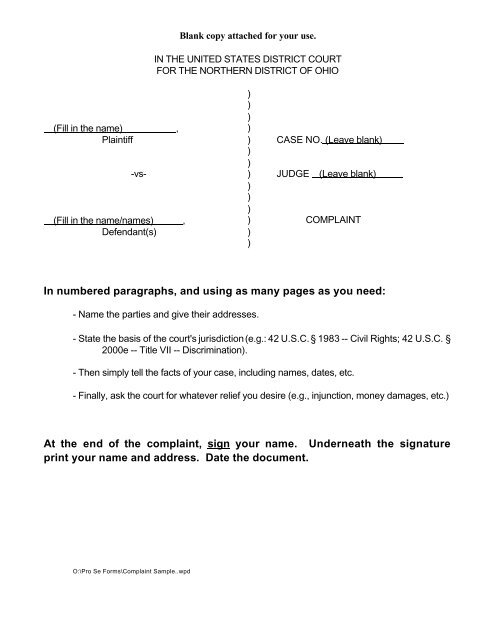 Complaint Sample Pro Se - Northern District of Ohio