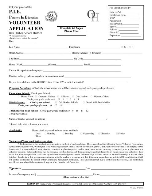 P.I.E. VOLUNTEER APPLICATION - Oak Harbor School District