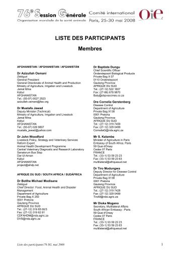 LISTE DES PARTICIPANTS Membres - OIE