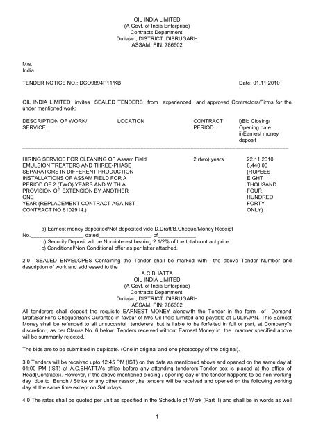 OIL INDIA LIMITED (A Govt. of India Enterprise) Contracts ...