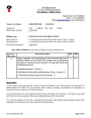 Tender Document - Oil India Limited