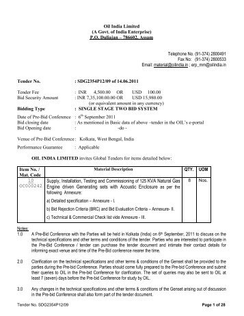 Tender Document - Oil India Limited