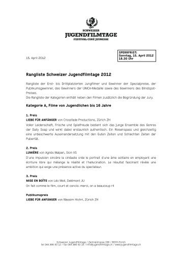 Rangliste Schweizer Jugendfilmtage 2012 - okaj