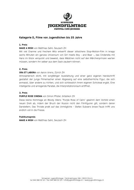 Rangliste Schweizer Jugendfilmtage 2012 - okaj