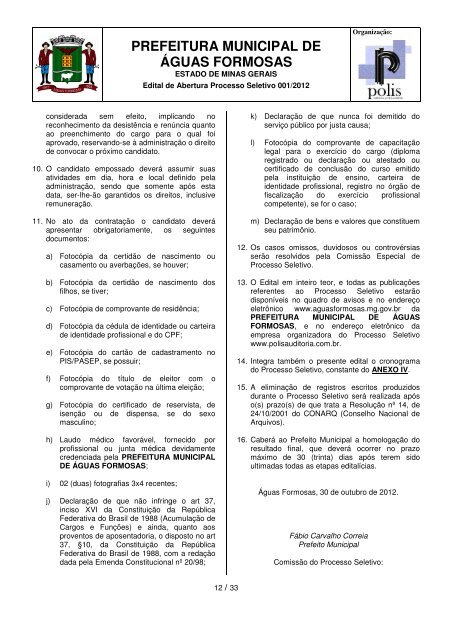 EDITAL Prefeitura de Ãguas Formosas - Concursos PÃºblicos