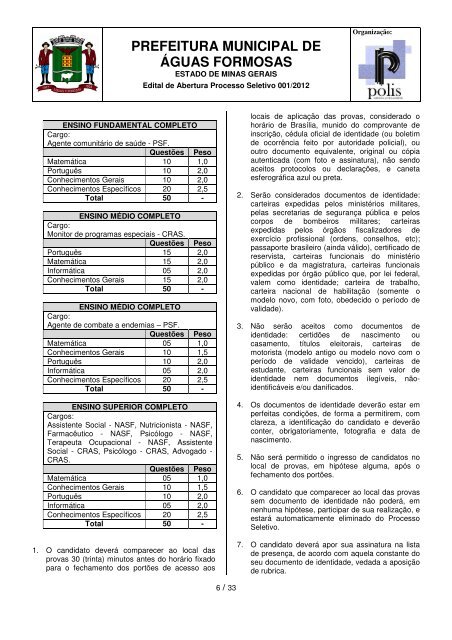 EDITAL Prefeitura de Ãguas Formosas - Concursos PÃºblicos