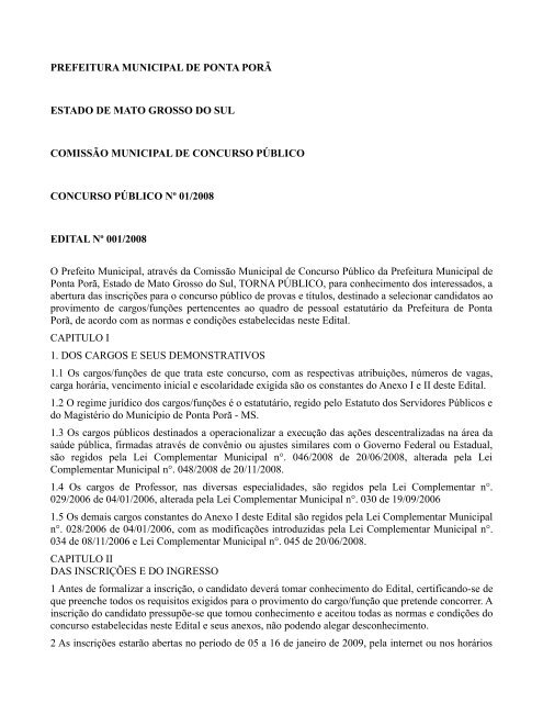 Prefeitura Municipal de Ponta PorÃ£- Edital nÂº 01 - Concursos PÃºblicos