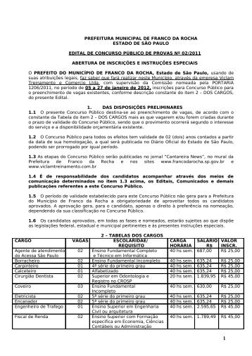 EDITAL Prefeitura Franco da Rocha - SP 2012 - Concursos PÃºblicos