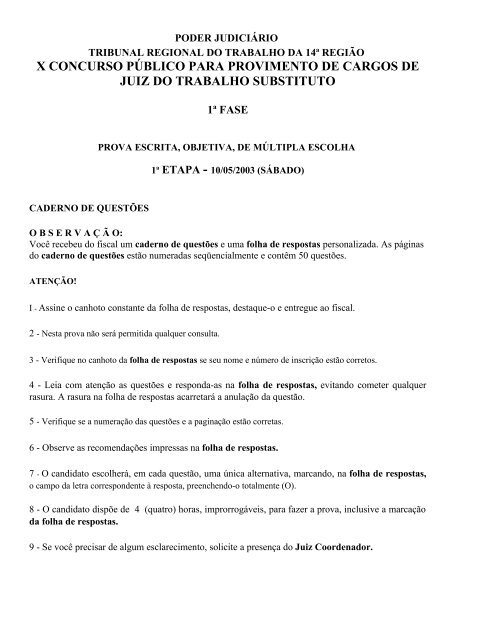 x concurso pÃºblico para provimento de cargos de juiz do trabalho ...