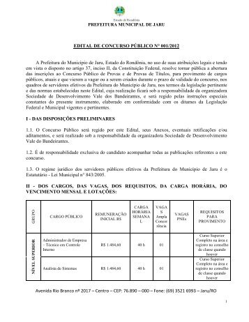 EDITAL Prefeitura Jaru - RO 2012 - Concursos PÃºblicos
