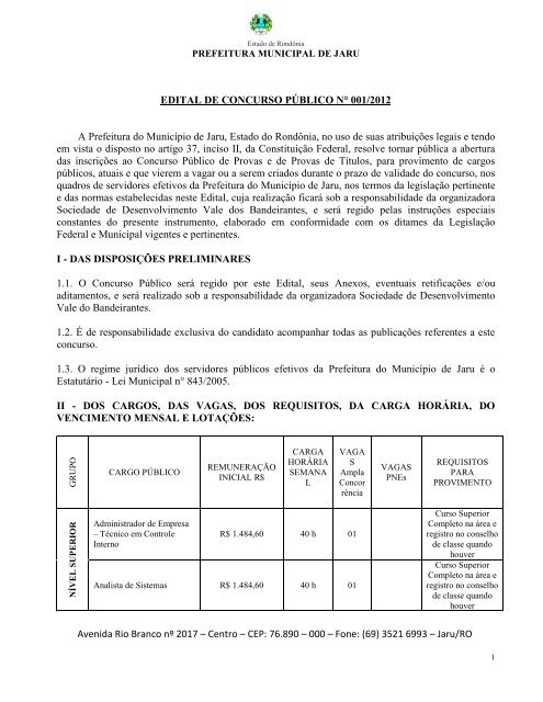 EDITAL Prefeitura Jaru - RO 2012 - Concursos PÃºblicos