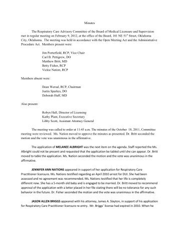 Minutes The Respiratory Care Advisory Committee of the Board of ...