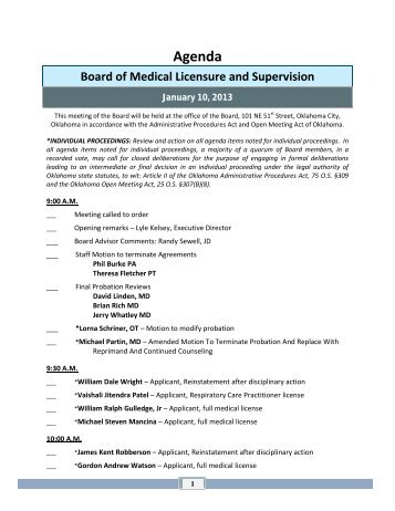Agenda - Oklahoma Board of Medical Licensure and Supervision