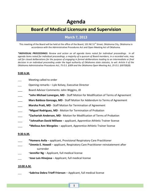 Agenda - Oklahoma Board of Medical Licensure and Supervision