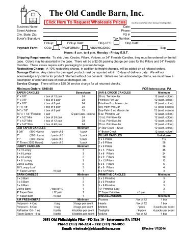 Old Candle Barn - Candle Order Form - Wholesale