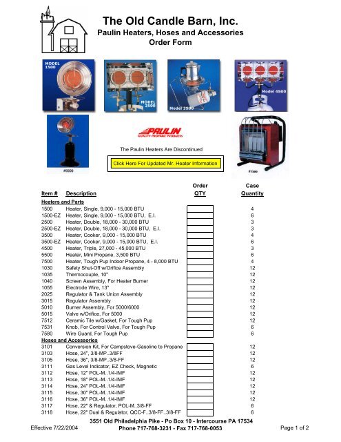 Old Candle Barn - Paulin Heater Order Form