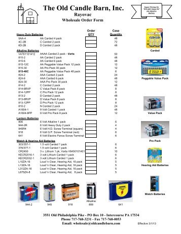 Old Candle Barn - Rayovac Wholesale Order Form