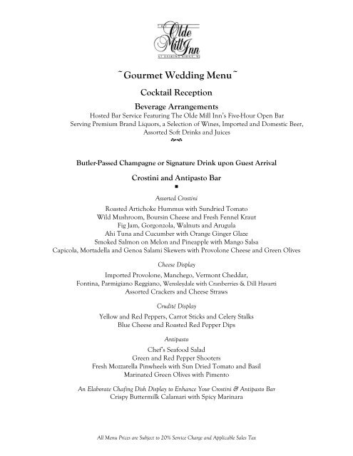 Gourmet Wedding Menu Olde Mill Inn