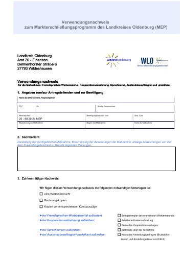 Vordruck Verwendungsnachweis 2 - Landkreis Oldenburg