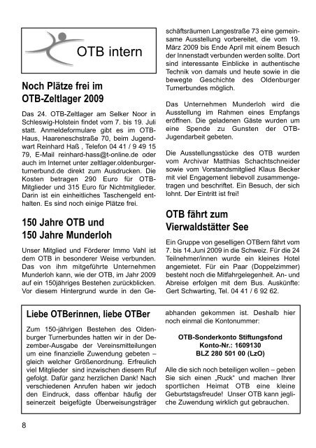 OTB-Mitteilungen 1/2009 - Oldenburger Turnerbund