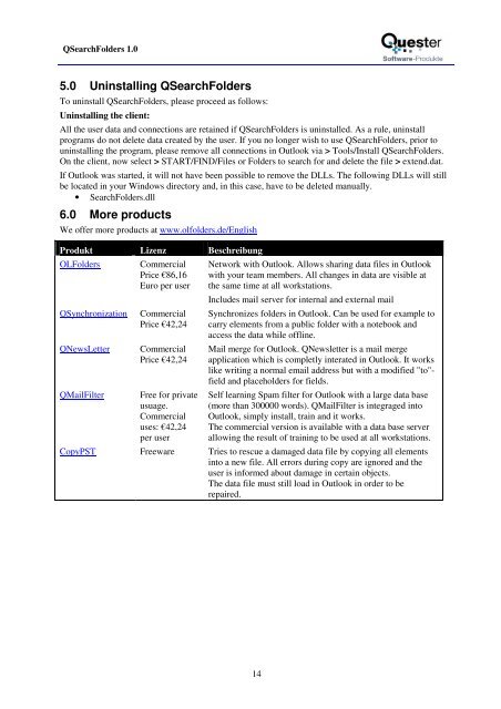 QSearchFolders - Manual (PDF) - Thomas Quester Software