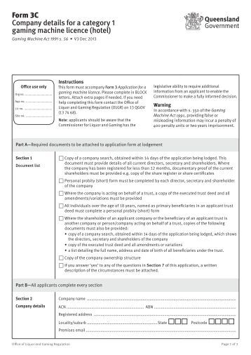 machine for licence gaming Application Category Licence 3A Gaming Machine Form 1
