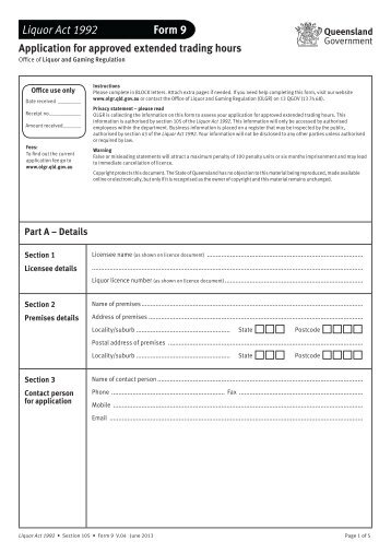 Liquor Licence Form 9 Application for Approved Extended Trading ...