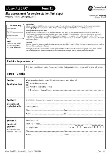 Liquor Licence Form 31 Site Assessment - Service Station/Fuel Depot