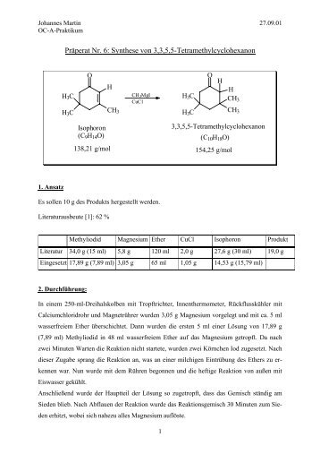 Synthese von 3 3 5 5-Tetramethylcyclohexanon - Chemiestudent.de