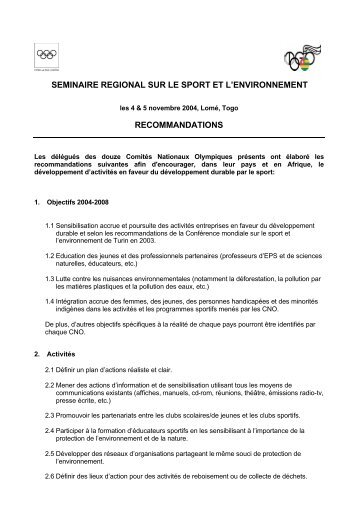 seminaire regional sur le sport et l'environnement recommandations