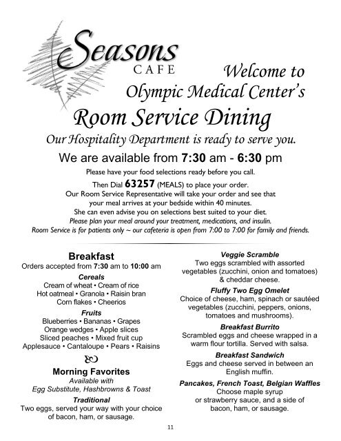 Seasons Cafe Room Service Menu - Olympic Medical Center