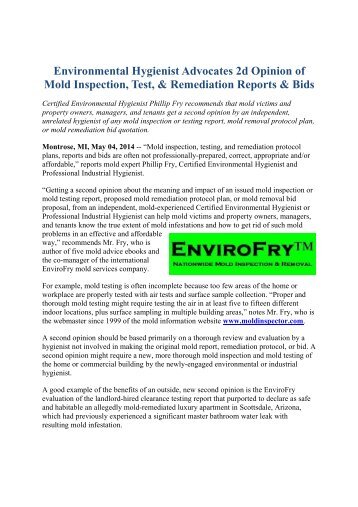 Environmental Hygienist Advocates 2d Opinion of Mold Inspection, Test, & Remediation Reports & Bids