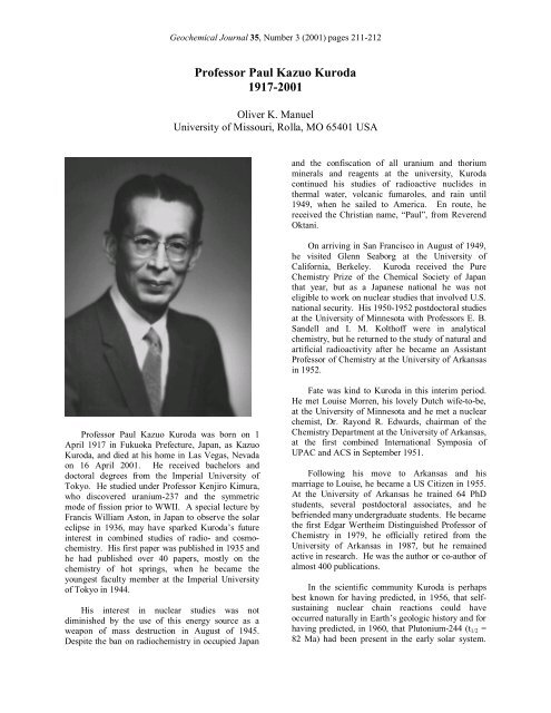 Professor Paul Kazuo Kuroda 1917-2001 - Oliver Manuel