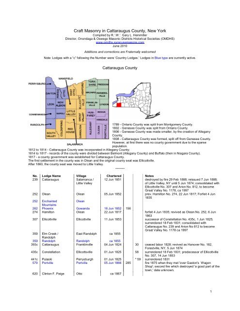 Craft Masonry in Cattaraugus County, New York - Onondaga and ...