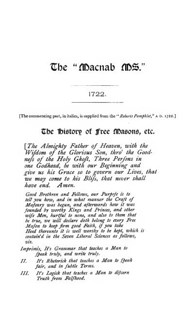 An exact reproduction of the "Macnab masonic ms.", A.D. 1722