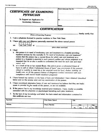 OMH 471A Certificate of Examining Physician to Support an ...