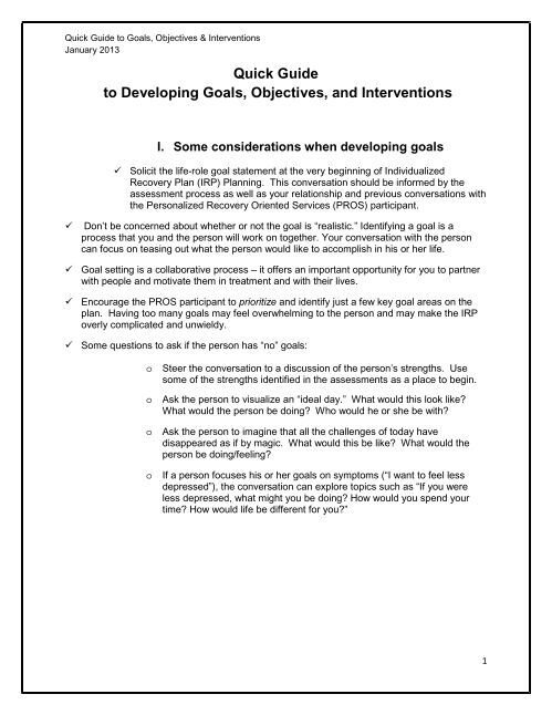 Quick Guide to Developing Goals, Objectives, and Interventions