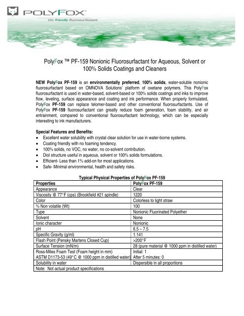 PolyFox â ¢ PF-159 Nonionic Fluorosurfactant for Aqueous ... - Omnova
