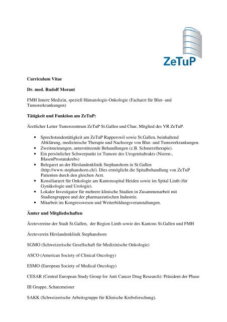 Curriculum Vitae Dr. med. Rudolf Morant FMH Innere ... - ZeTuP