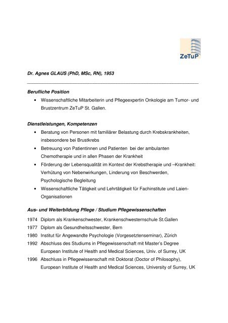 Dr Agnes Glaus Phd Msc Rn 1953 Berufliche Position B - 