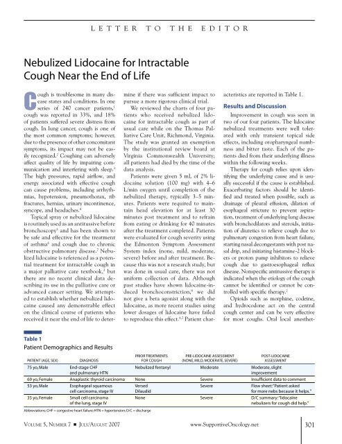 Nebulized Lidocaine for Intractable Cough Near the End of Life