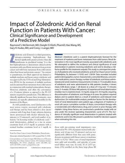 Impact of Zoledronic Acid on Renal Function in Patients With Cancer ...