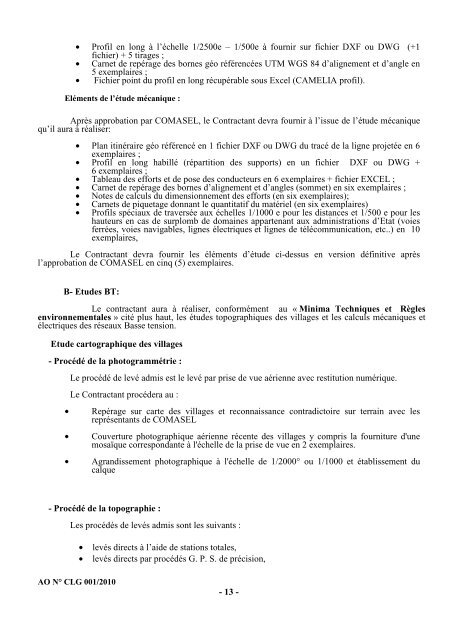 Cahier des charges de l'Appel d'Offres nÂ° CLG001/2010 - ONE